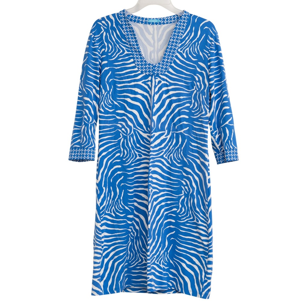 J. McLaughlin Dress Sz M Blue Zebra Print Geometric Soft Stretch Mod Resort Wear